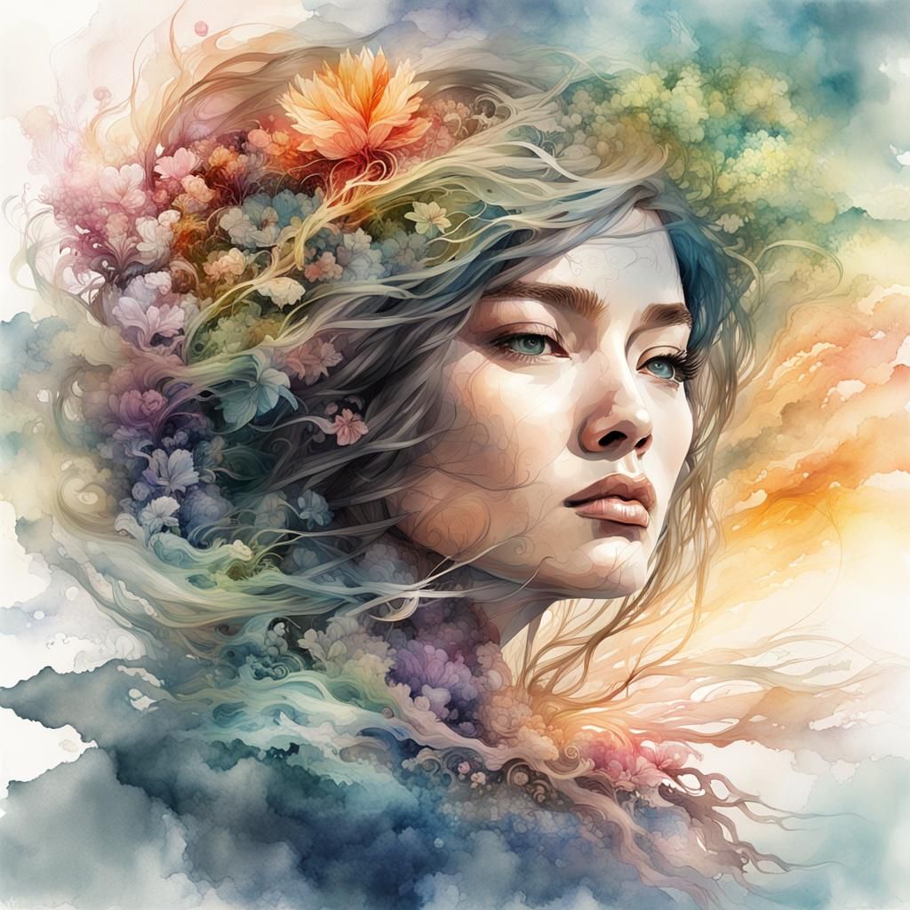 Spiraling Double Exposure Landscape in Watercolor Style