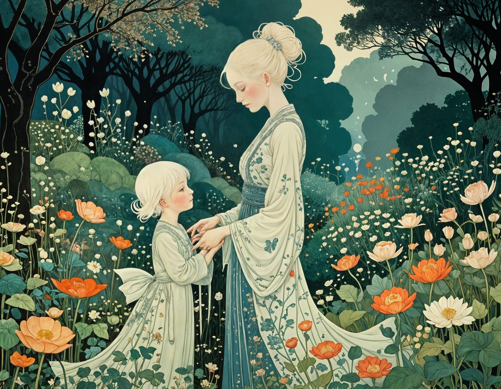 Mother and Daughter in Whimsical Garden Scene