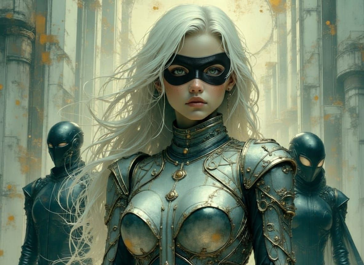 Silver Jumpsuit Woman With Zorro Mask and Robot Guards