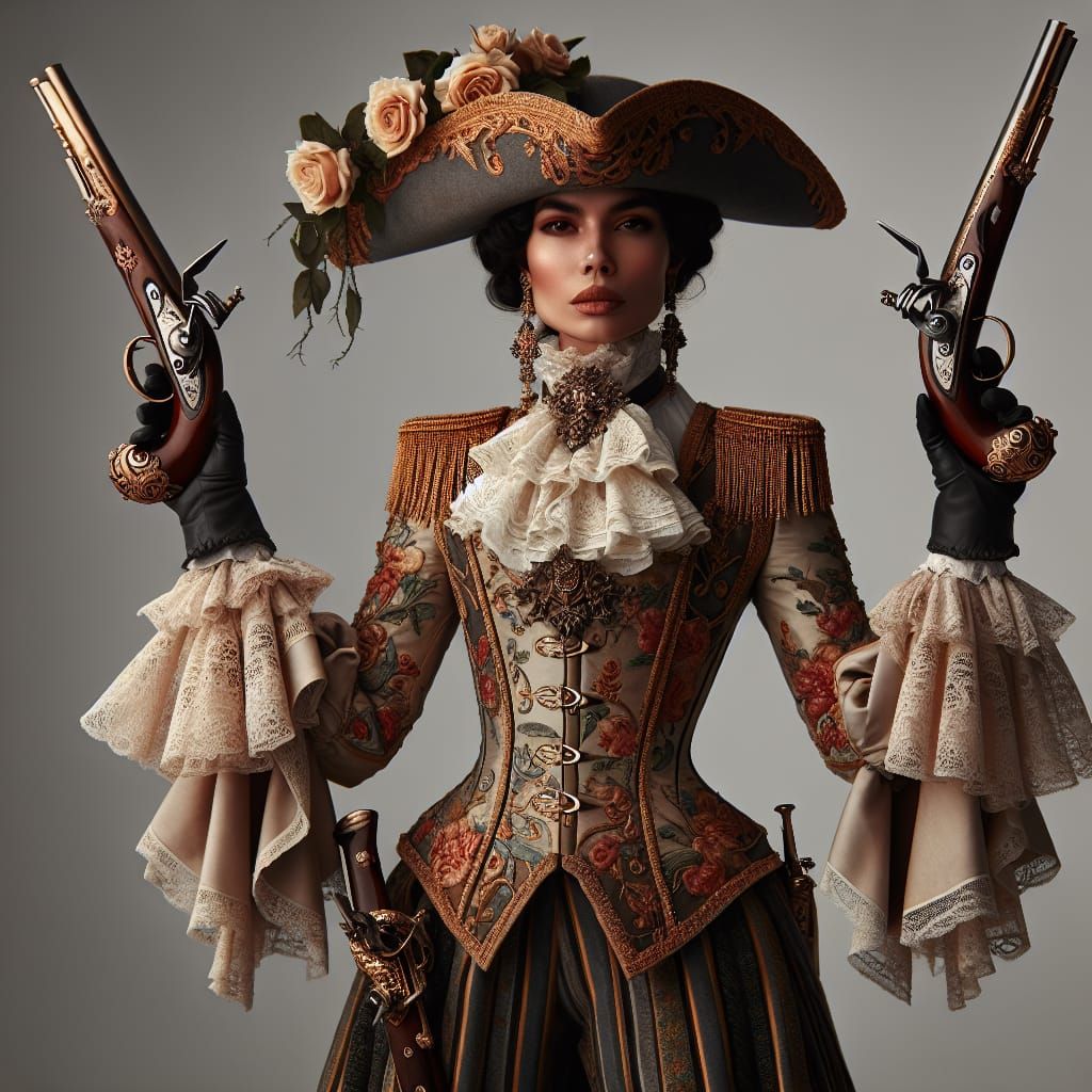Baroque Pirate Woman Portrait with Flintlock Pistols