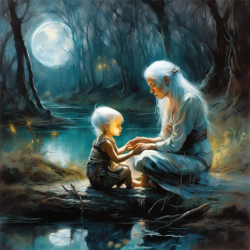 Bioluminescent Moon Woman Comforts Toddler in Forest