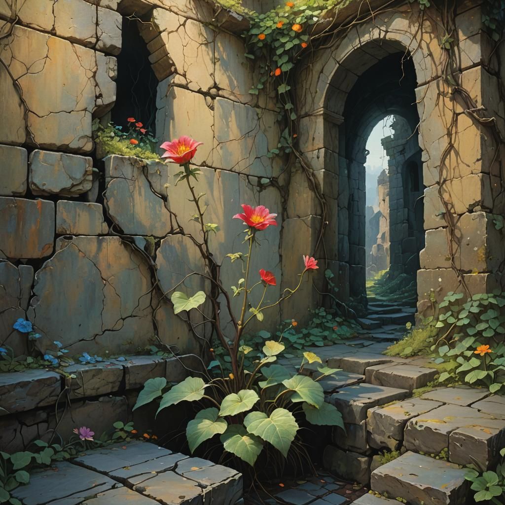 Lonely Flower Blooms in Surreal Fantasy Landscape