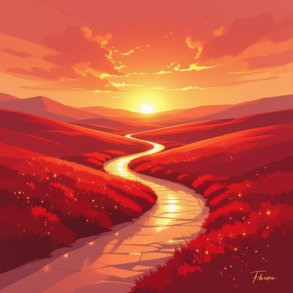 Luminous Paths Converge in Rose-Red Sunset Landscape