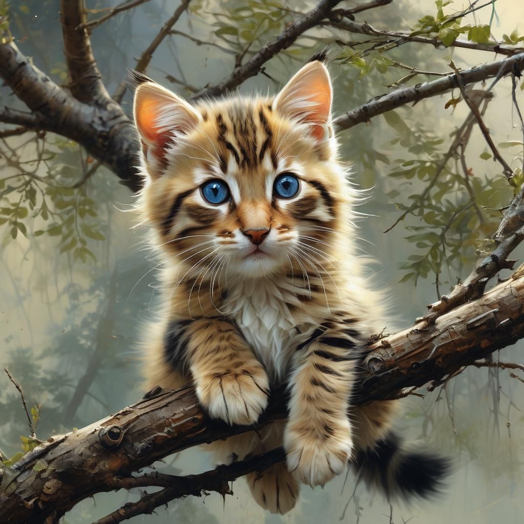 Detailed Kitten Portrait on Rustic Branch