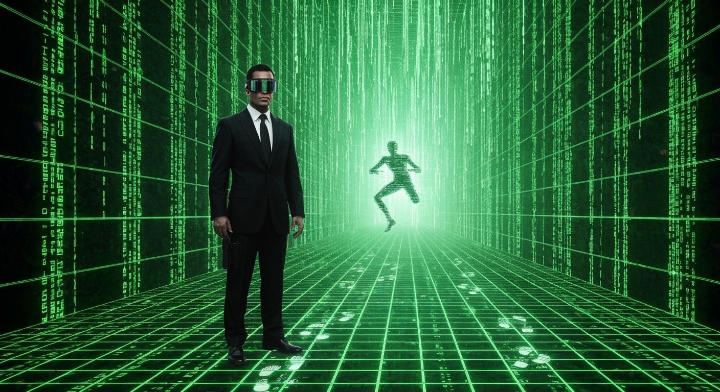 Men in Black Agent in Matrix Grid with Luminous Code