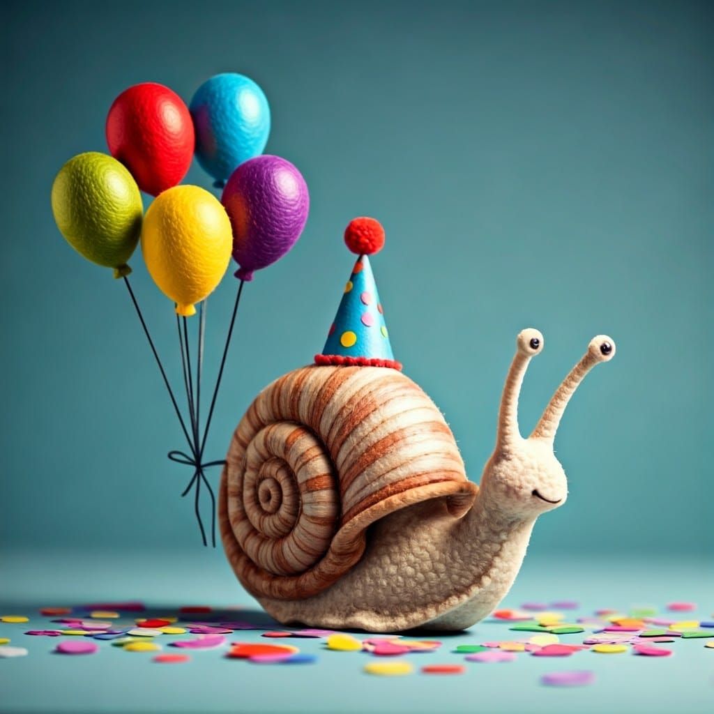 Felt Snail Celebrates at Party with Balloons