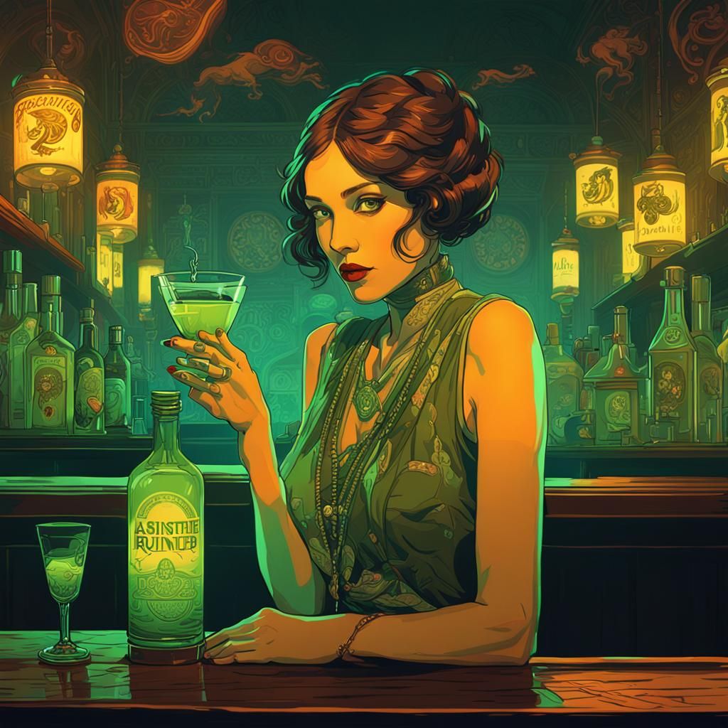 Woman Drinks Absinthe in Mucha-Inspired Cyberpunk Style