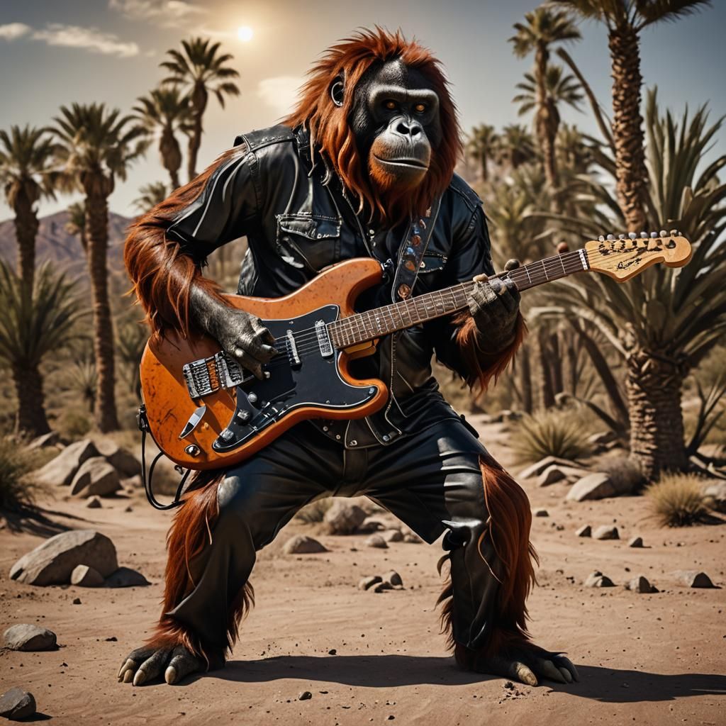 Rocking Orangutan Shreds Guitar in Desert Photo