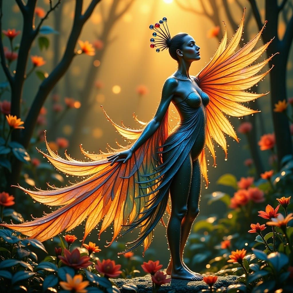 Surreal Peacock Woman in Vibrant Landscape with Iridescent F...