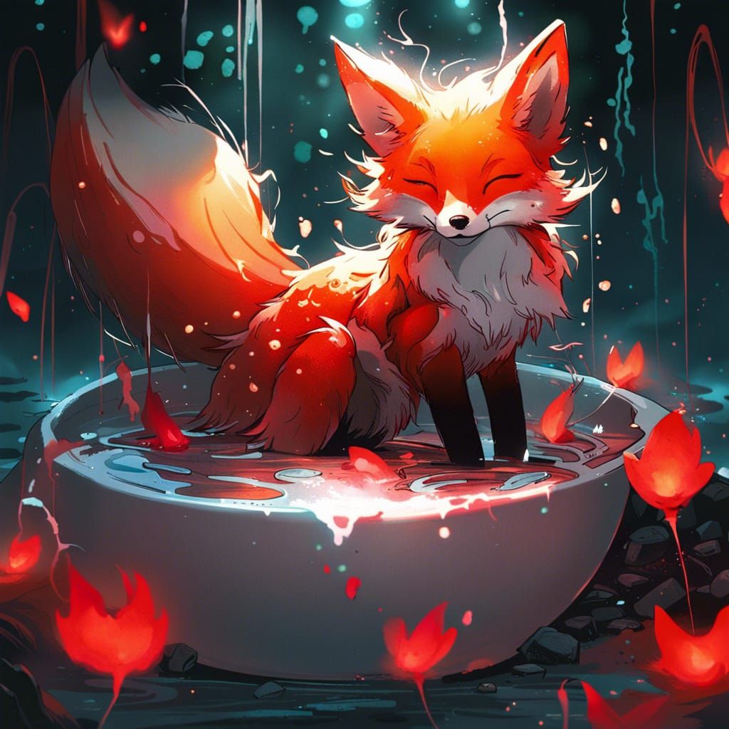 cute fox taking a magical bath in bioluminescent red glow fairy oasis, explosion of flames, detailed intricate flaming r...
