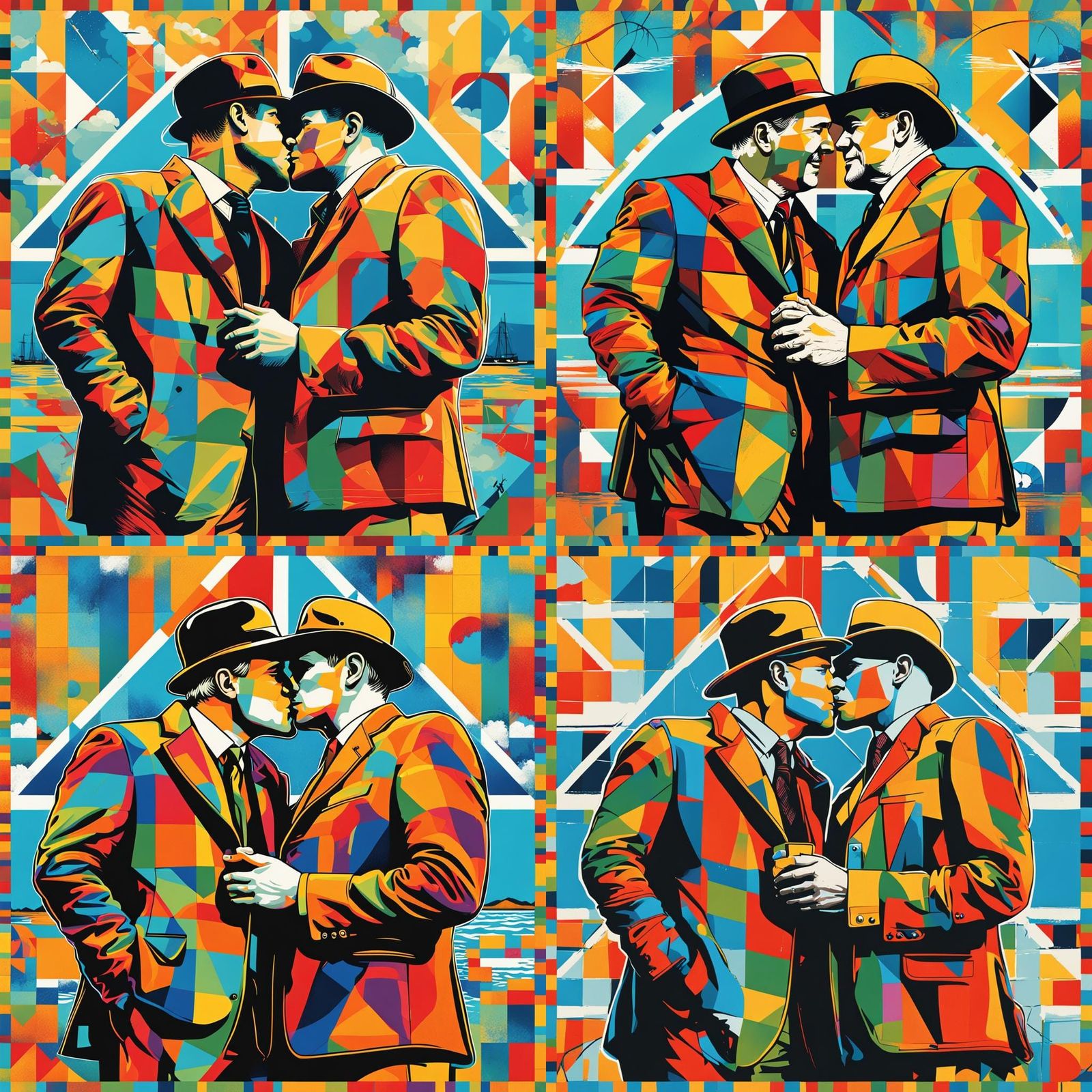 Men's Beach Embrace in Pop Art Style