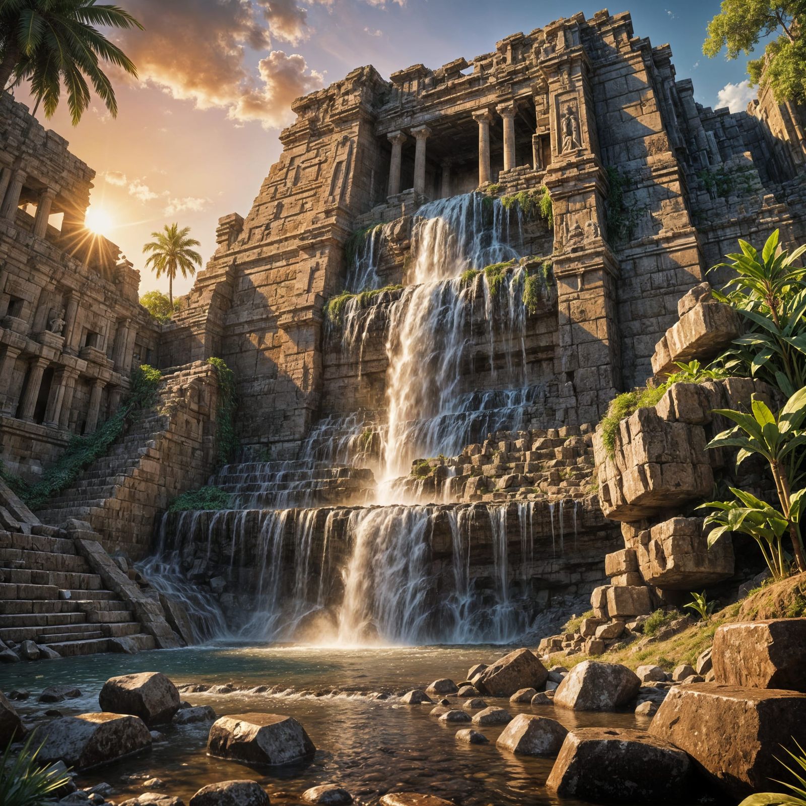 Waterfall Cascading Down Ancient Pyramid Ruins