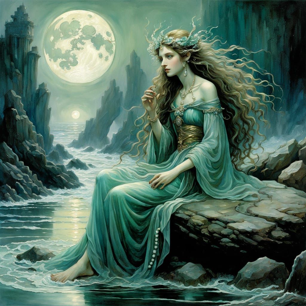 Mystical Siren Beckons on Moonlit Coast