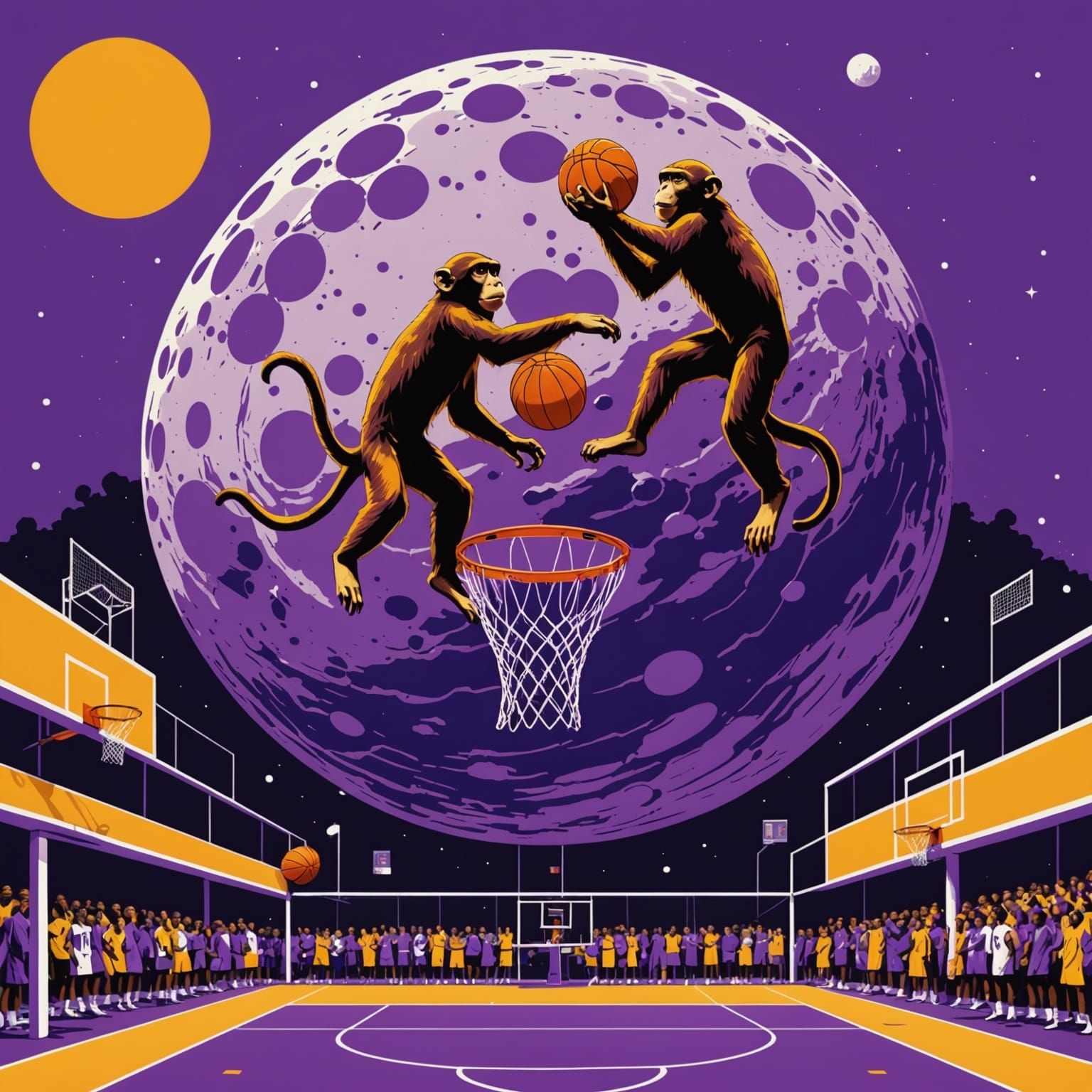 Monkeys dunking purple basketballs on a court on the Moon