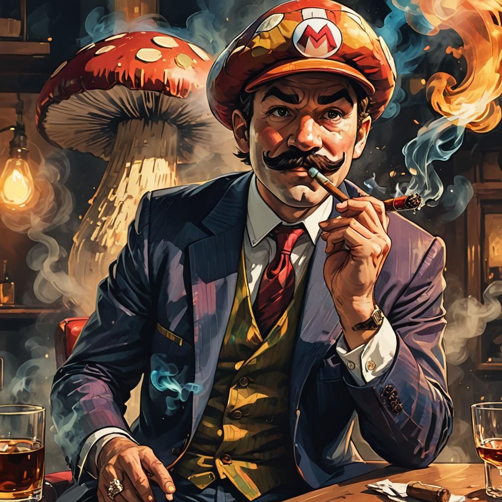Mario Smoking Cigar in Suit, Comic Book Style