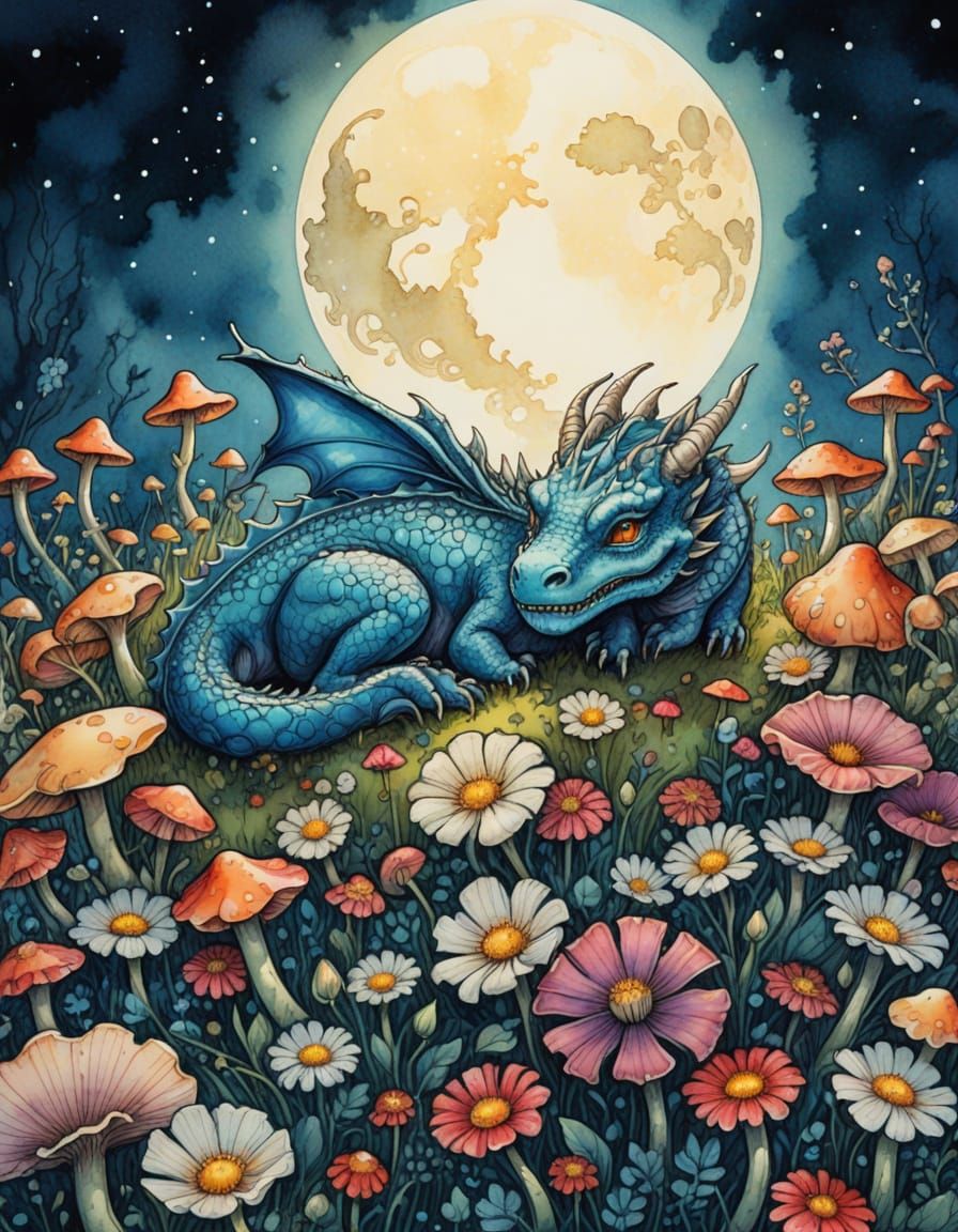Sleeping Dragon on Moonlit Meadow, Watercolor and Ink