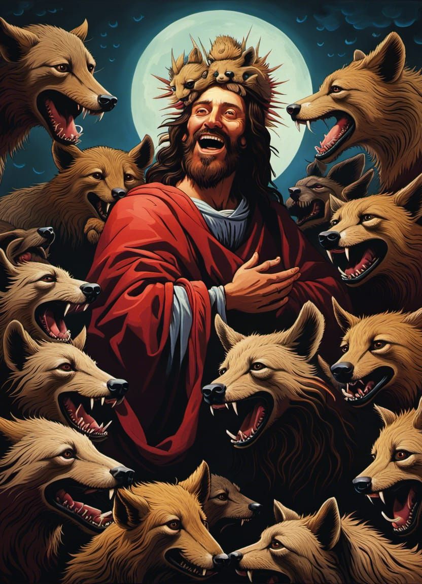 Laughing Jesus with Hyenas: Digital Illustration