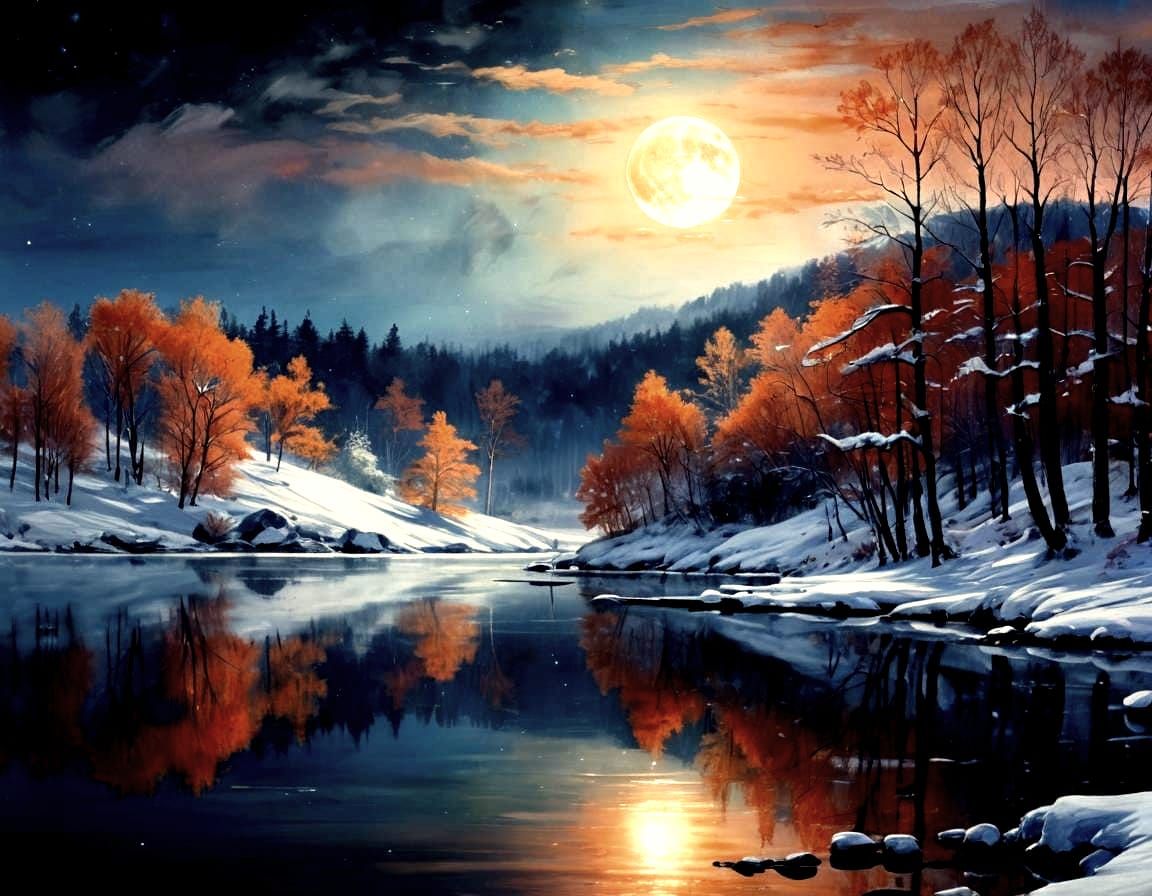 Moonlit Snowscape: Pastel and Watercolor Winter Lake