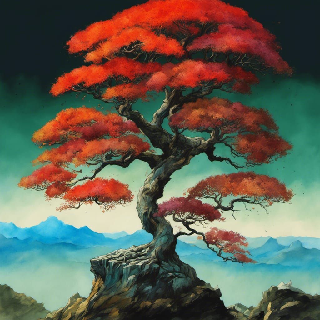 Bonsai Tree on Cliff in Watercolor Style