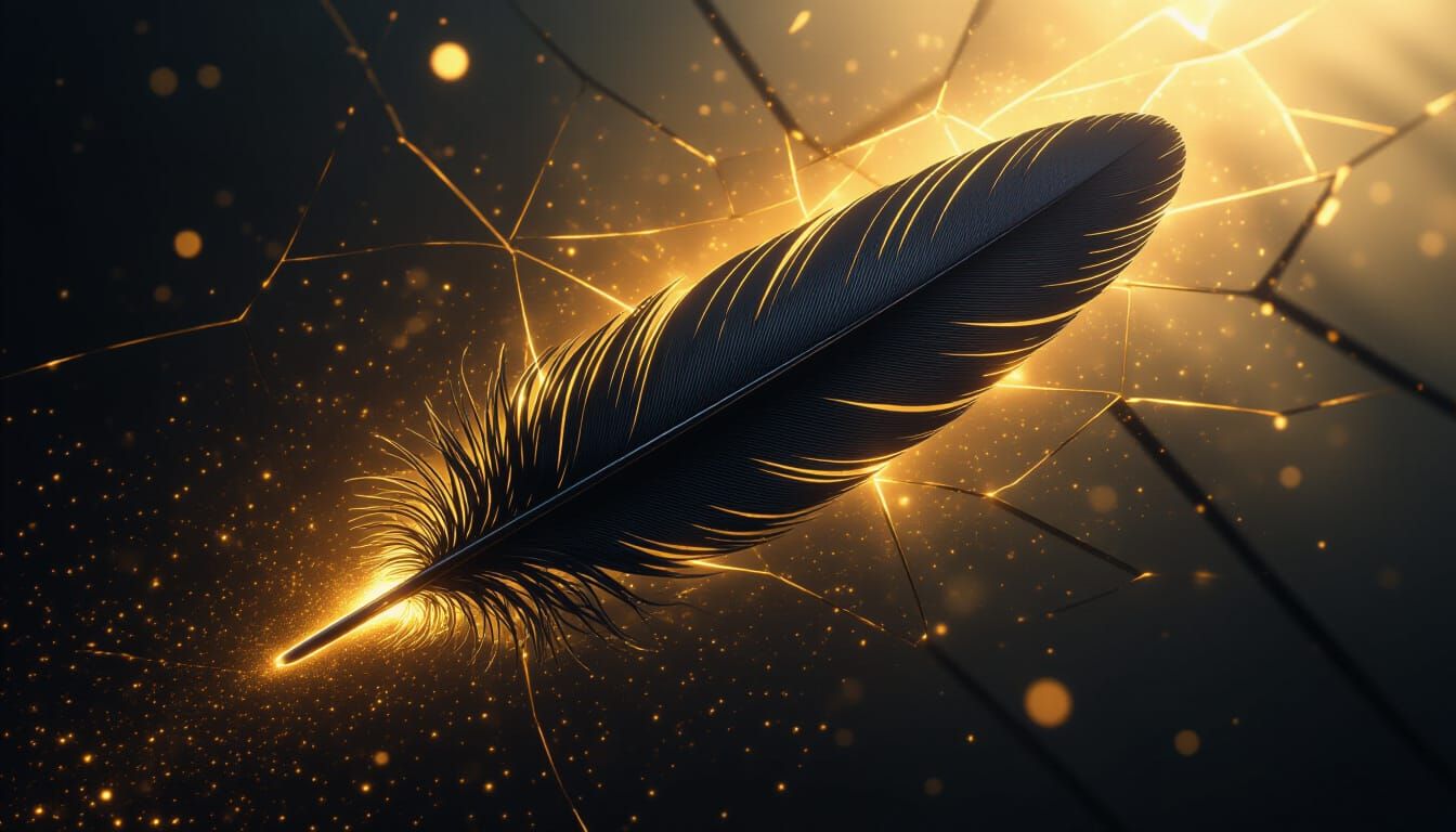 Crow Feather Ablaze in Dark Void with Golden Light