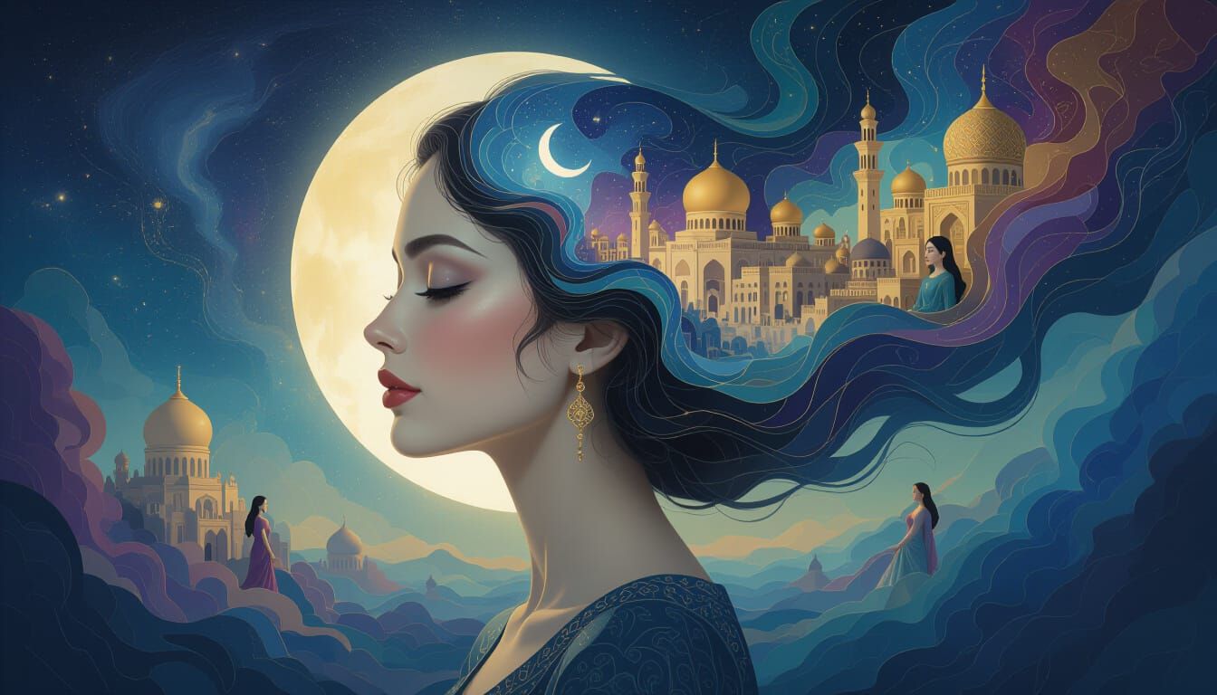 Surreal Woman's Profile Merges With Dreamlike Cityscape