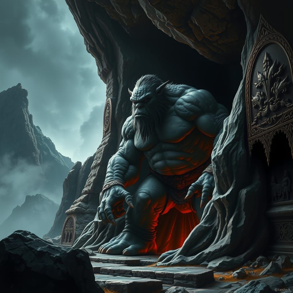 Ogre Guarding Cave Entrance in Dark Fantasy Style