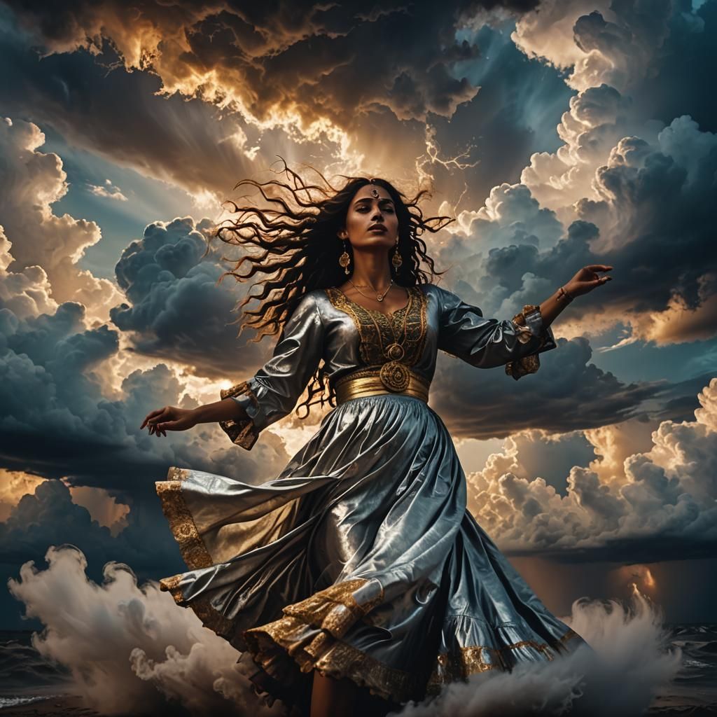 Gypsy Woman Dances on Stormy Clouds in Surreal Style