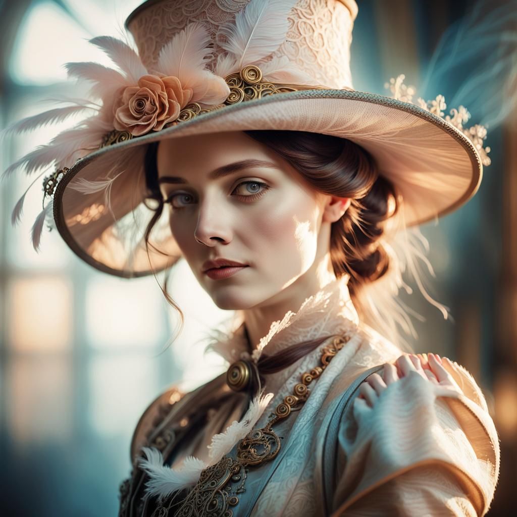 Woman in Hat with Steampunk Elements, Impressionism