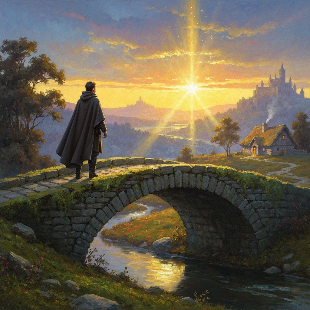 Mystical Sunset Landscape with Cloaked Figure on Bridge