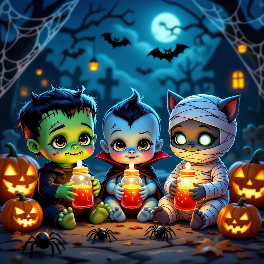 Adorable Monster Babies Halloween Scene, Photorealistic
