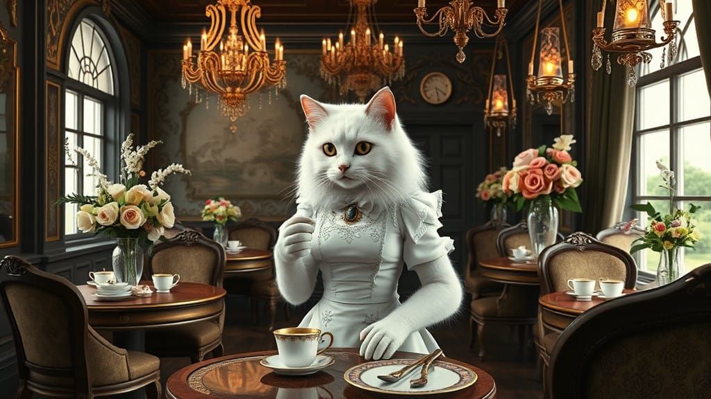Elegant Victorian Cat Barista in a Sumptuous Café