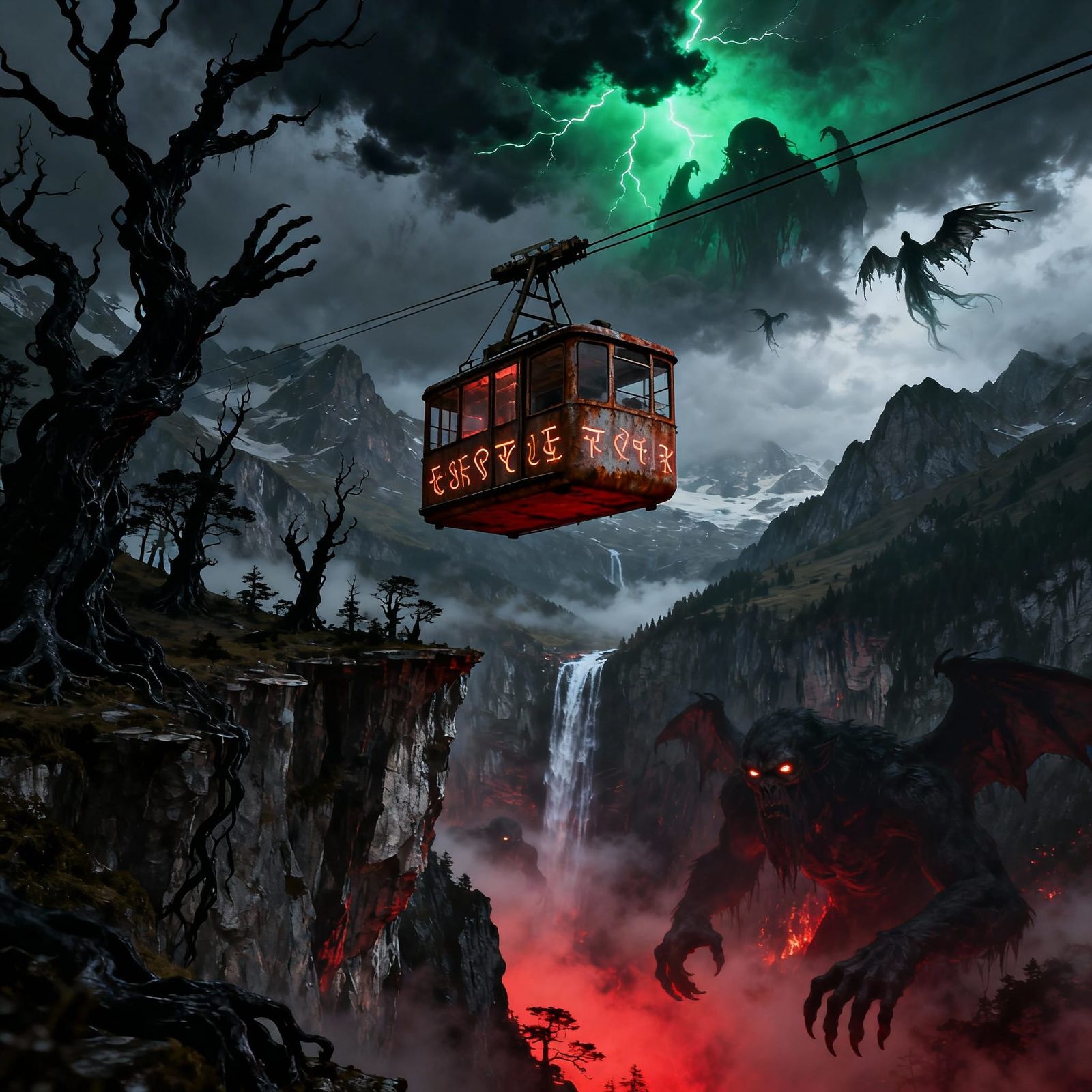 Surreal Dark Fantasy Swiss Alps Cable Car Scene