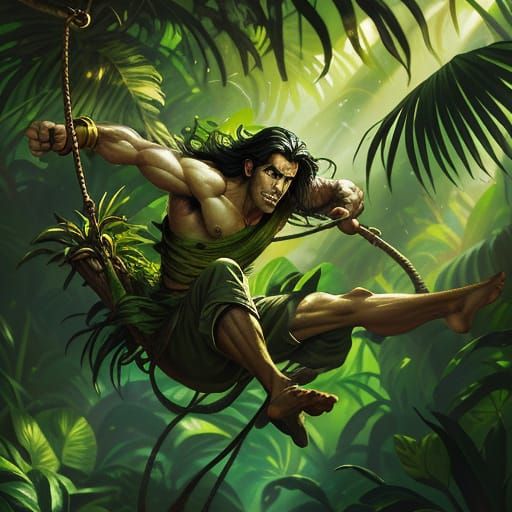 Tarzan Swinging Through Jungle: Oil Painting