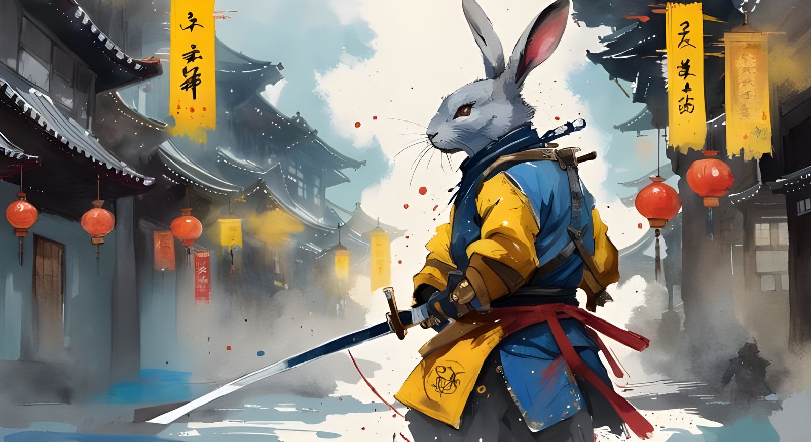 Rabbit Samurai in Chinatown: Gouache Watercolor