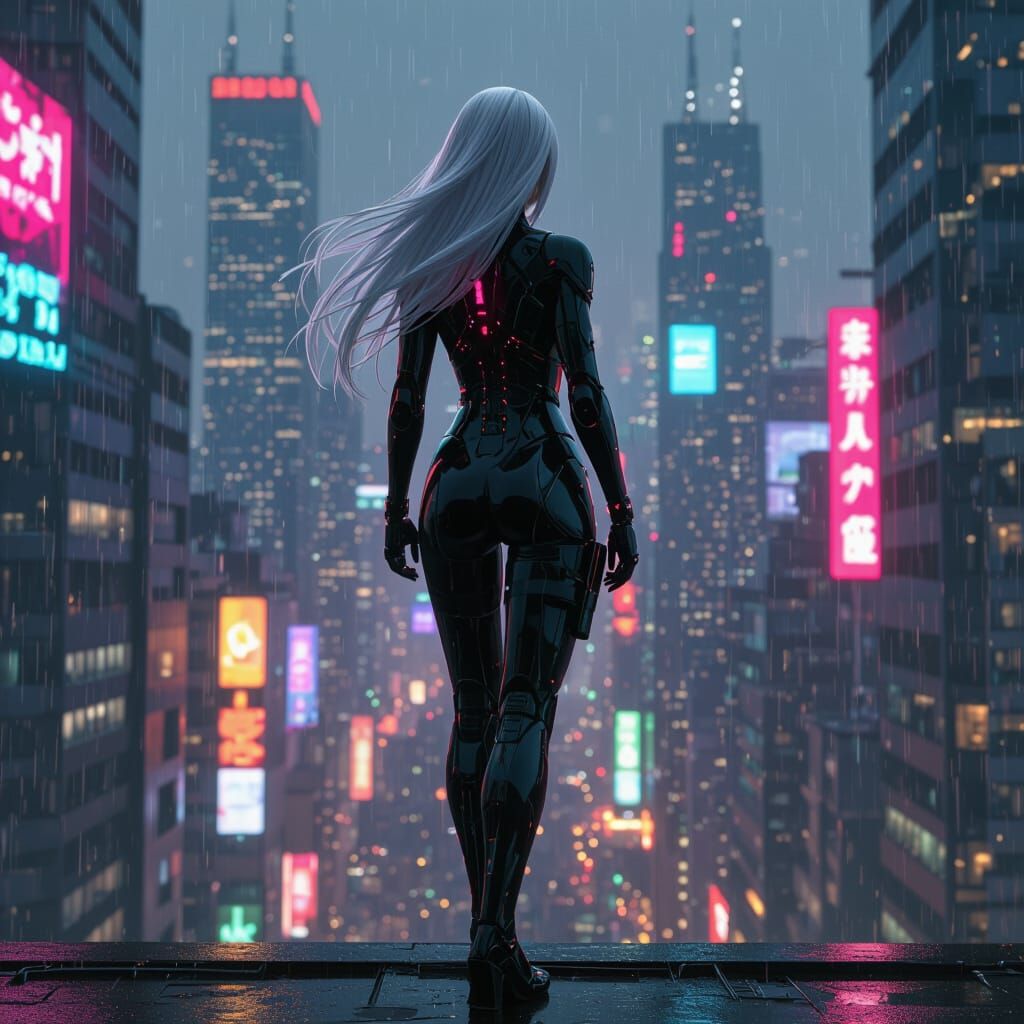 Cyberpunk Ninja Overlooking Neon Cityscape