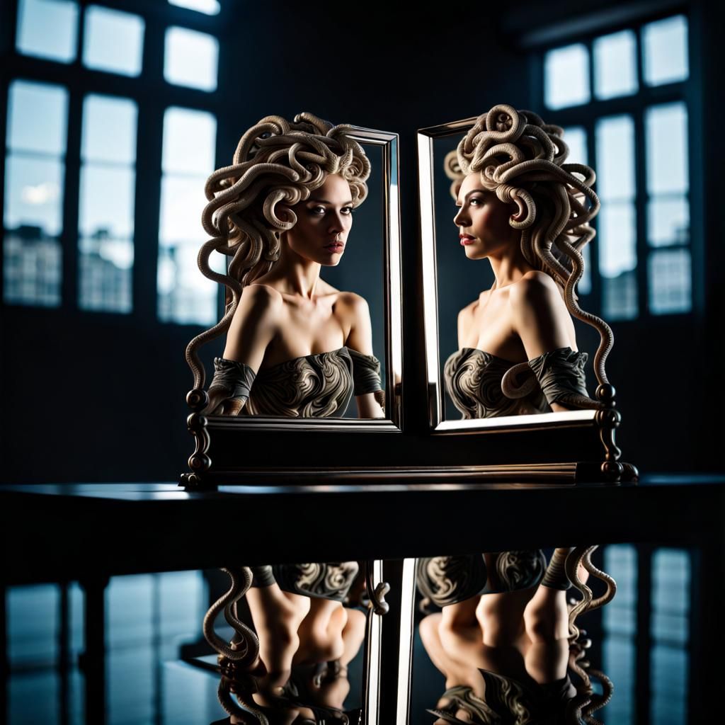 Medusa Reflection: Hyperrealistic Cinematic Portrait