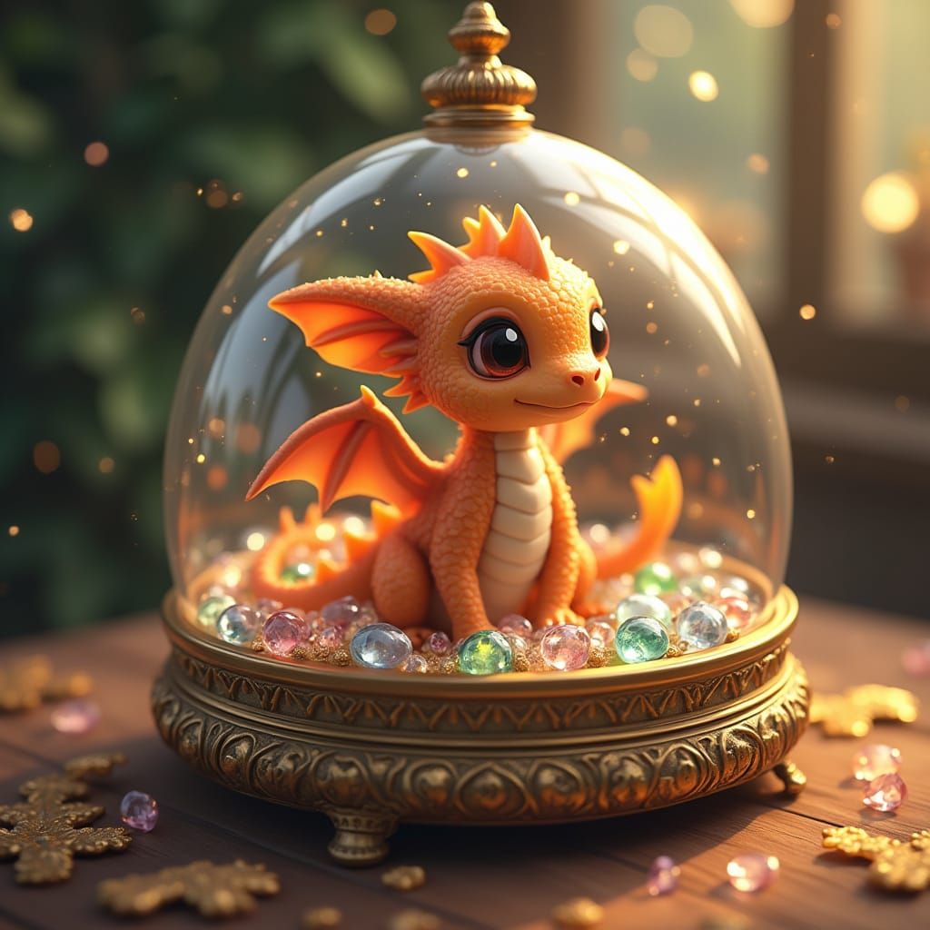 Baby Dragon in Jewel Box, Ghibli-Inspired Art