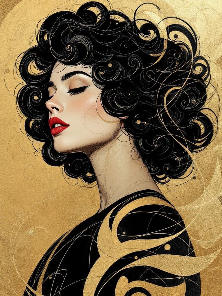 Woman with Swirling Hair in Art Deco Style