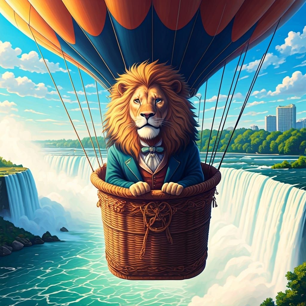 Victorian Lion in Hot Air Balloon Over Niagara Falls