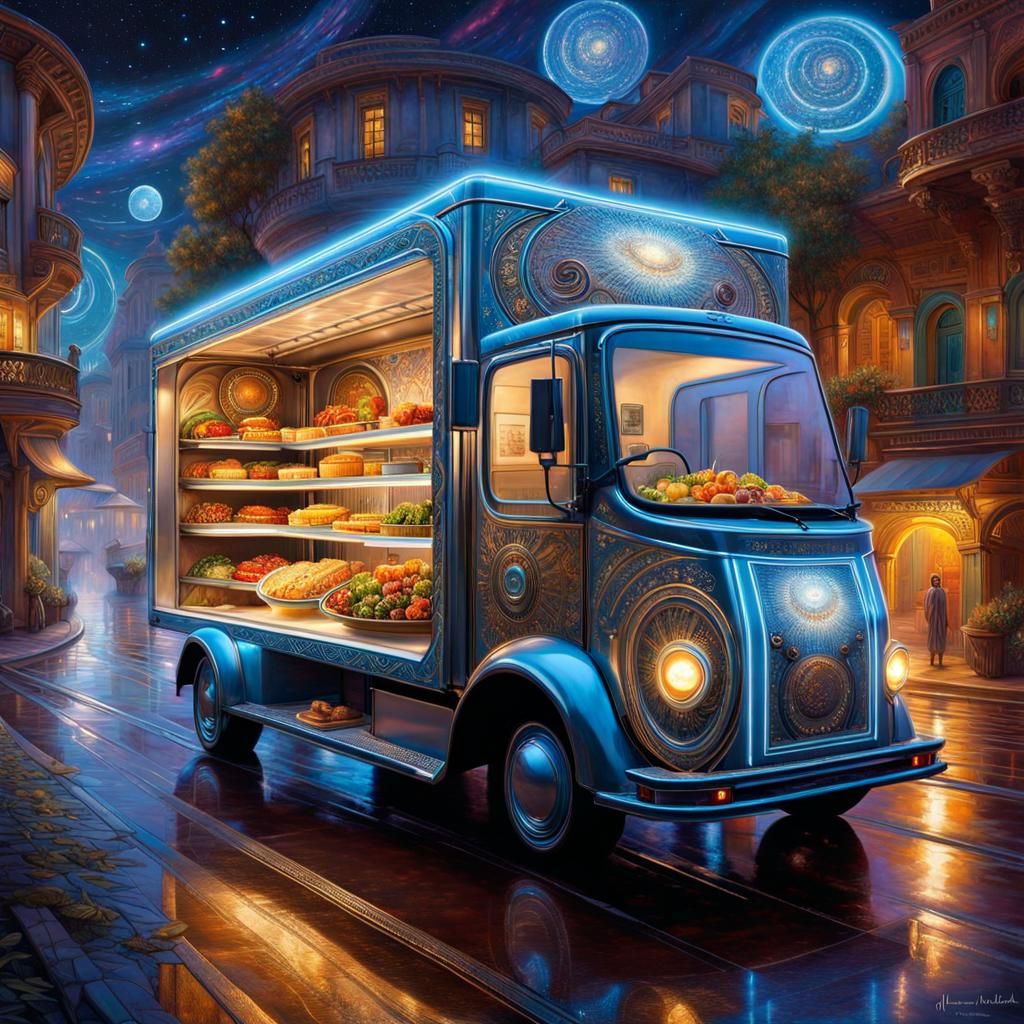 Futuristic Food Truck in the Style of Alphonse Mucha