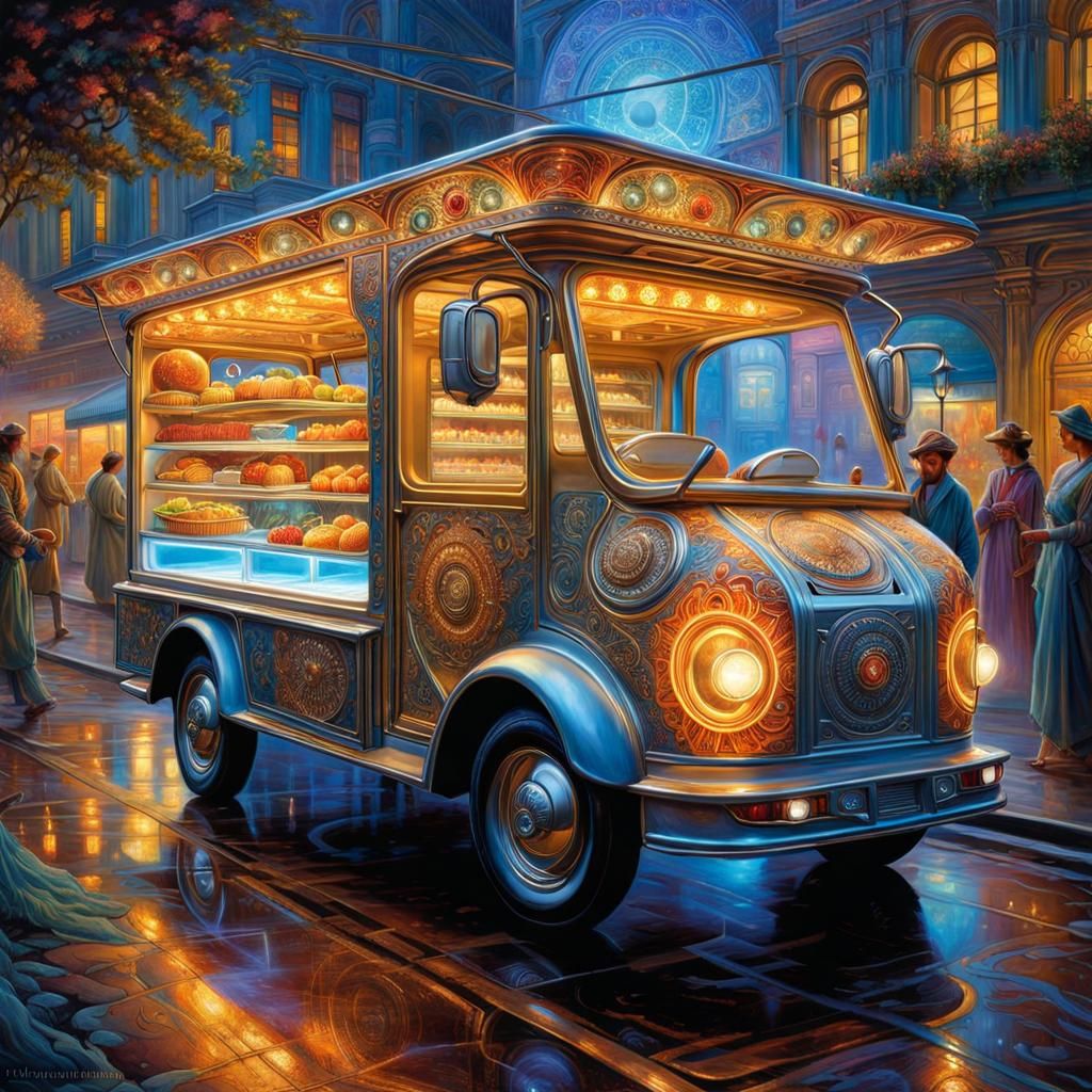 Futuristic Food Truck in Dark, Art Nouveau Style