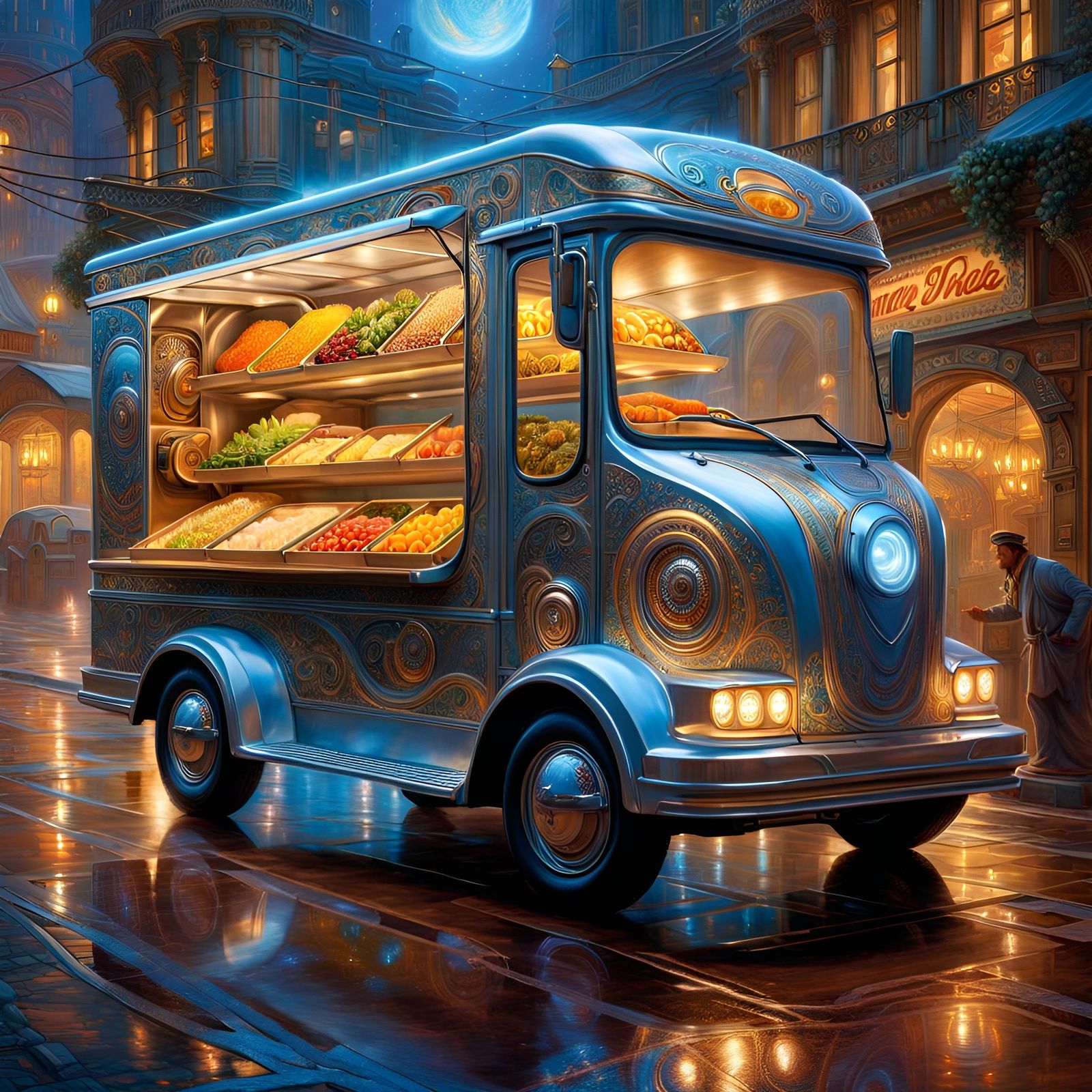 Futuristic Food Truck in Dark, Alphonse Mucha Style
