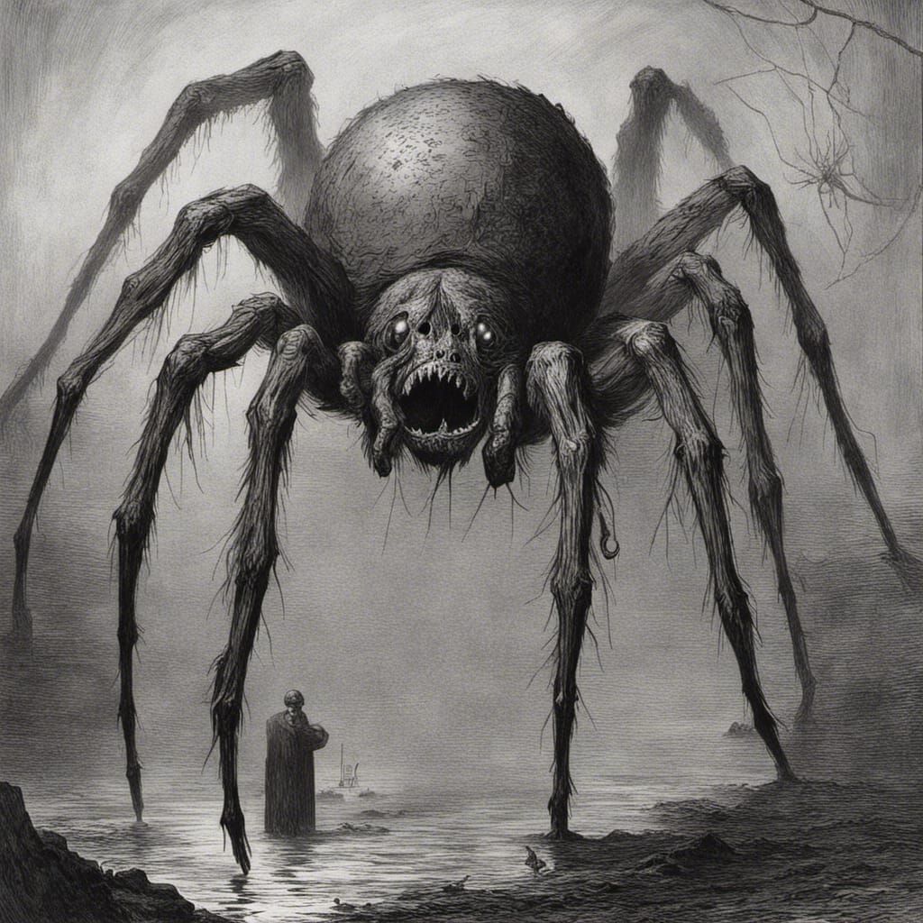 Creepy Spider in Horror Engraving Style