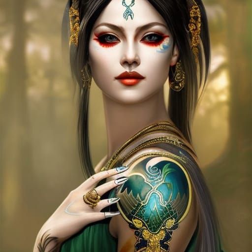 Neo-Victorian Tattooed Woman Portrait with Golden Stripes