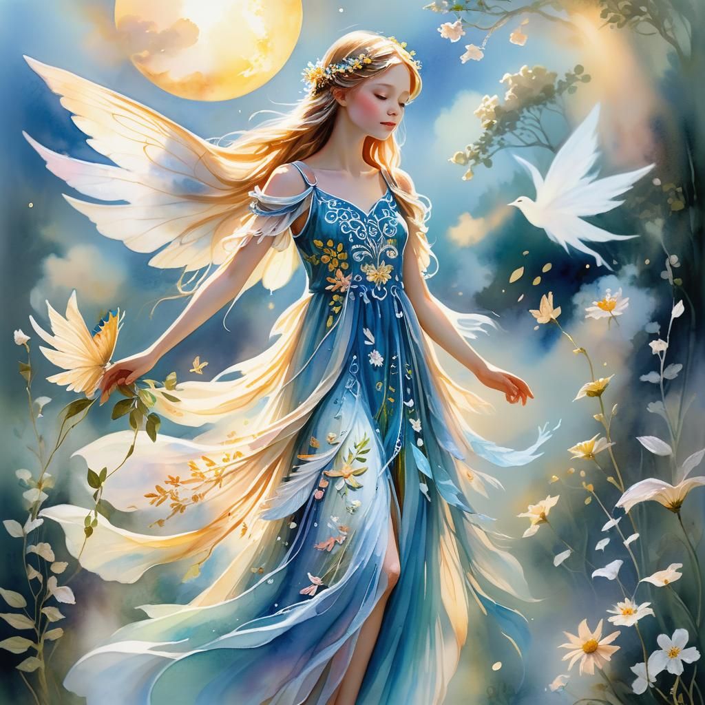 Fantasy Fairy in Watercolor with Spirits and Sun