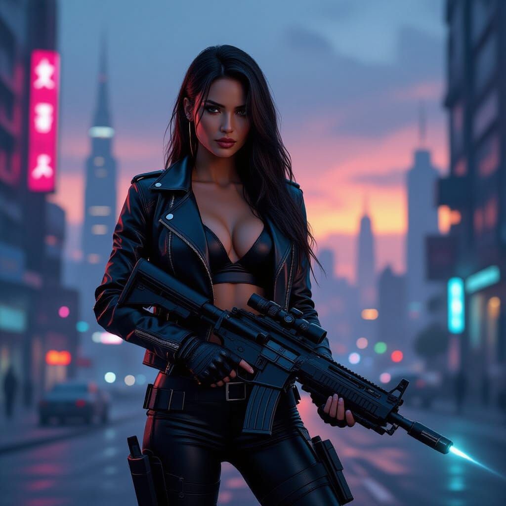 Alien Bounty Hunter in a Neon Cityscape