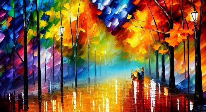 Rainy Autumn Night Park Scene in Expressionist Style