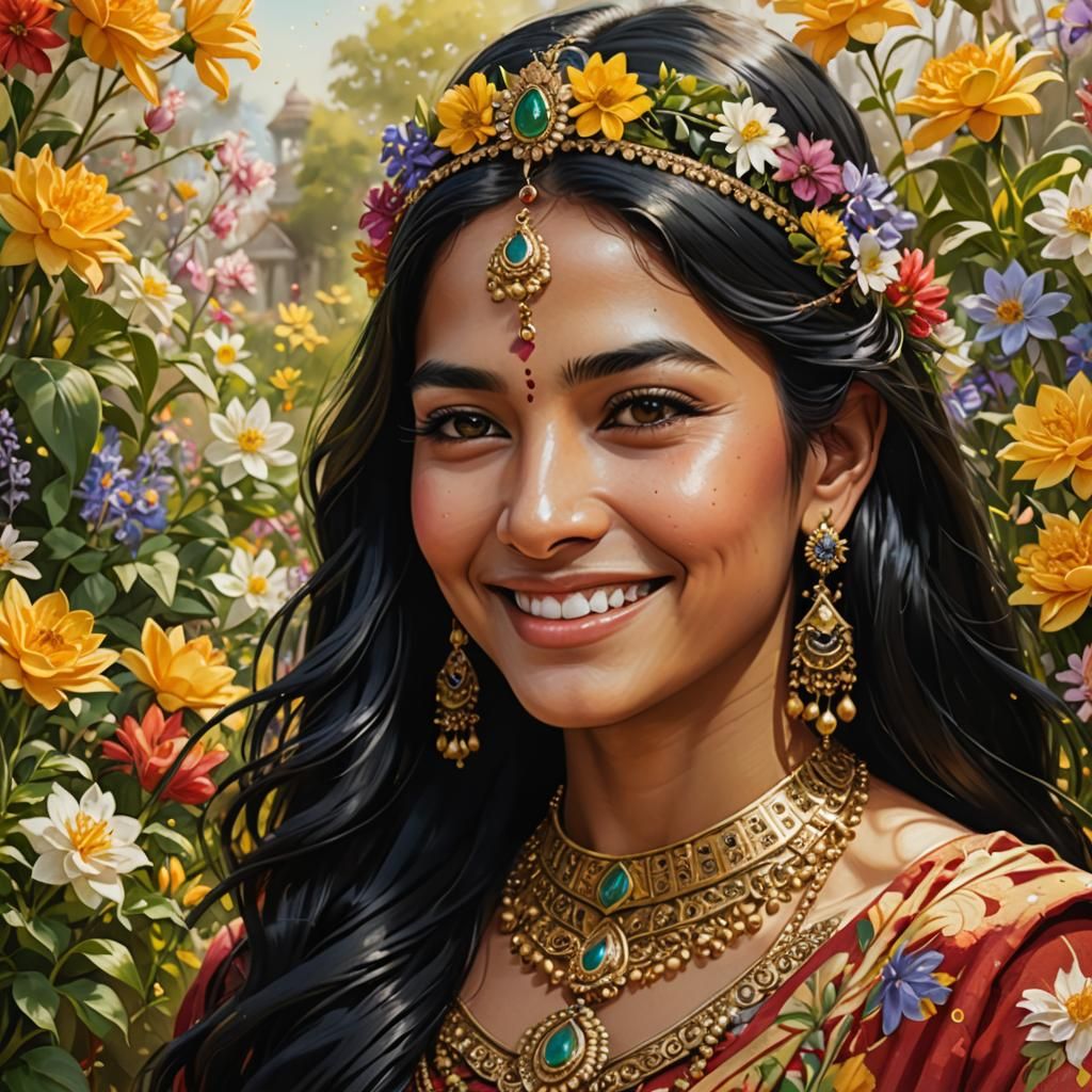 Smiling Indian Queen in Spring Garden: Hyperrealistic Portra...