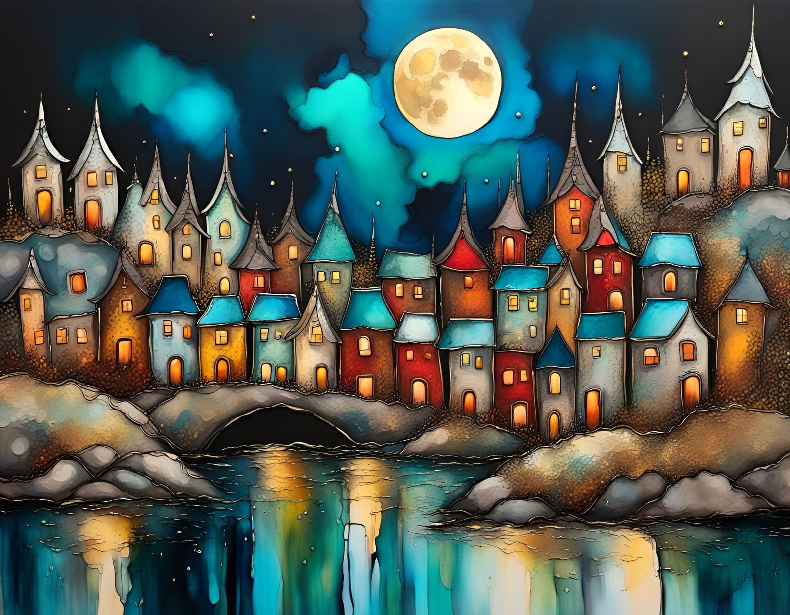Sleepy Town Under Moon in Alcohol Ink Style