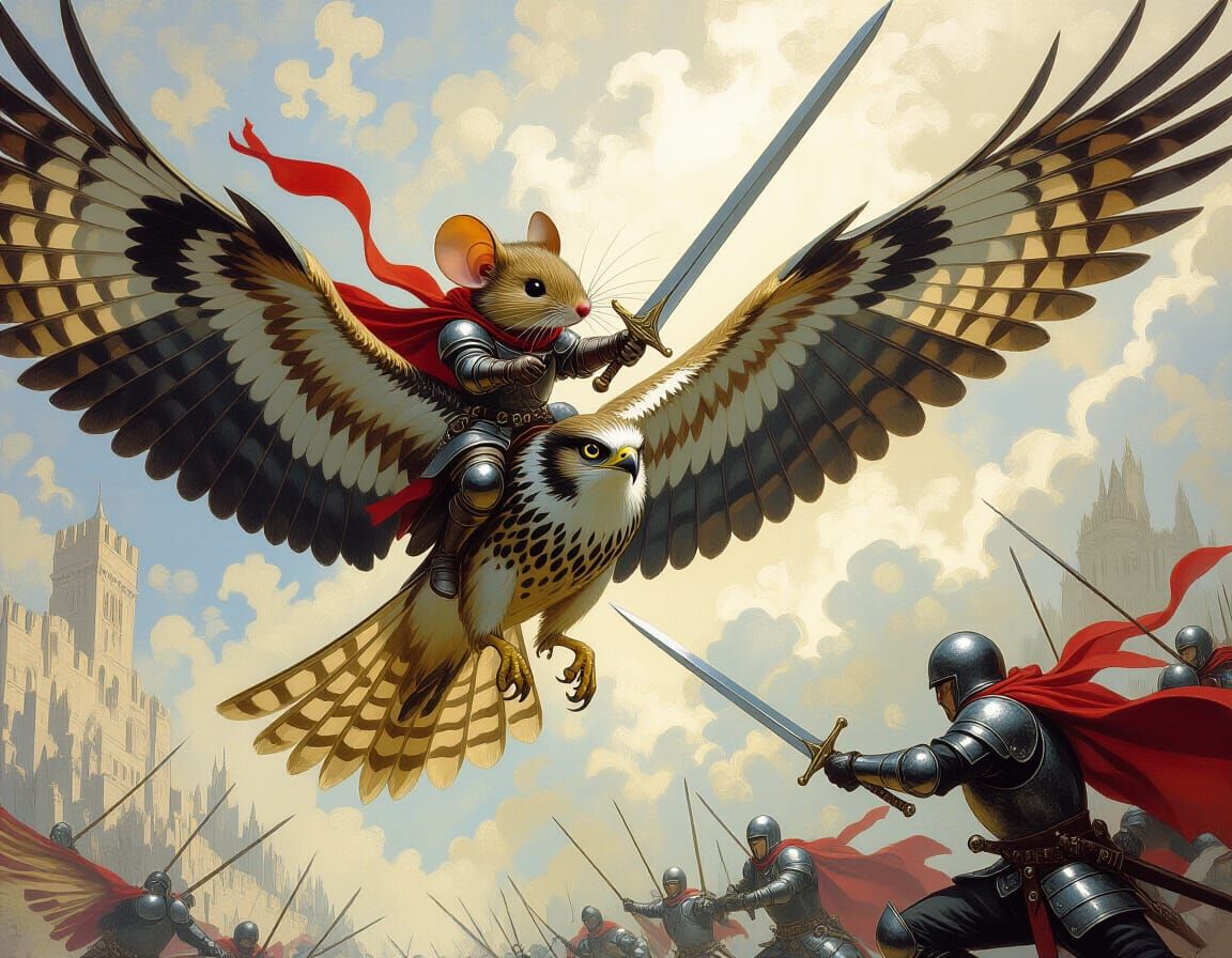 Mouse Knight Riding Hawk into Battle